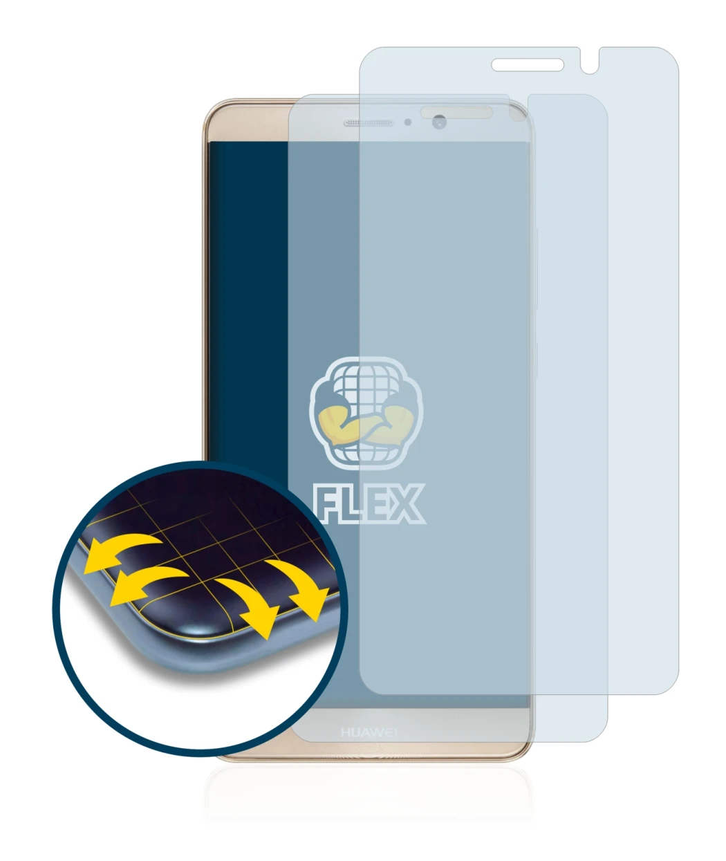 Immagine del dispositivo Huawei Mate 9 con un'ampia varietà di protezioni per lo schermo.