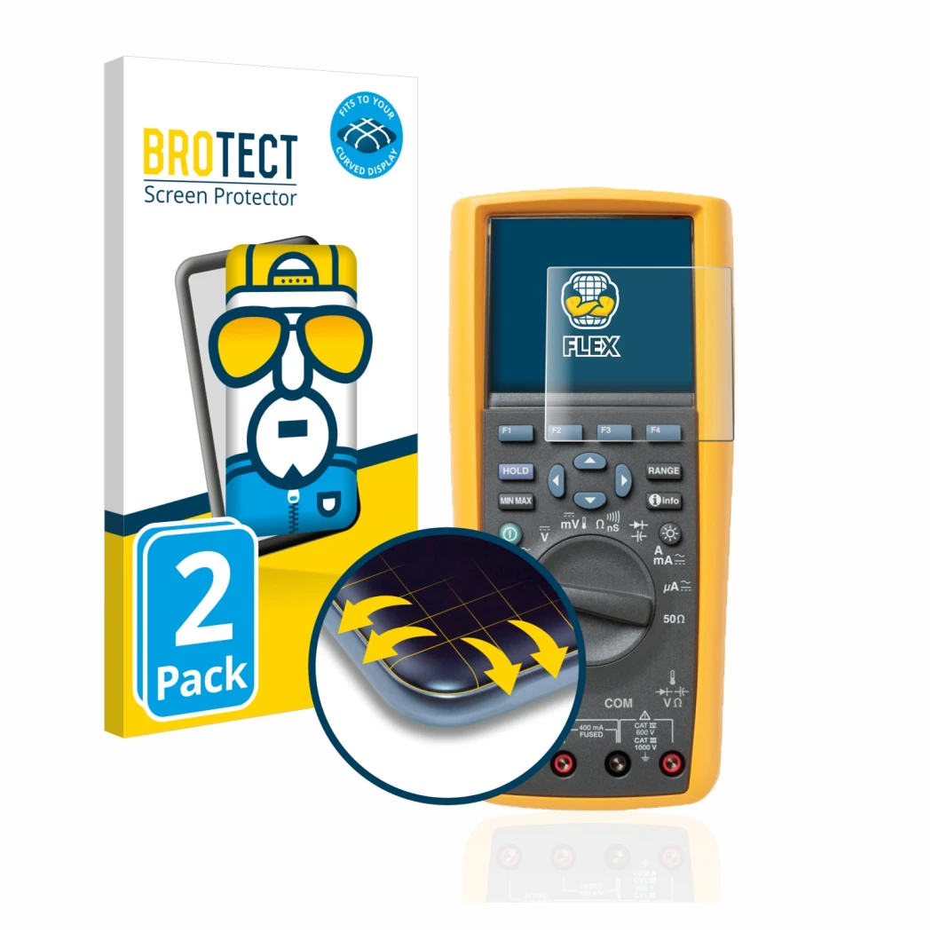 Parte frontale di una confezione del prodotto con il logo del marchio BROTECT. Accanto è raffigurato il dispositivo Fluke Mult