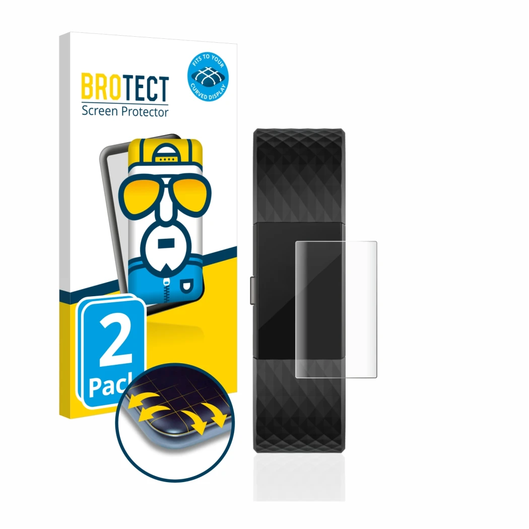 Parte frontale di una confezione del prodotto con il logo del marchio BROTECT. Accanto è raffigurato il dispositivo Fitbit Cha