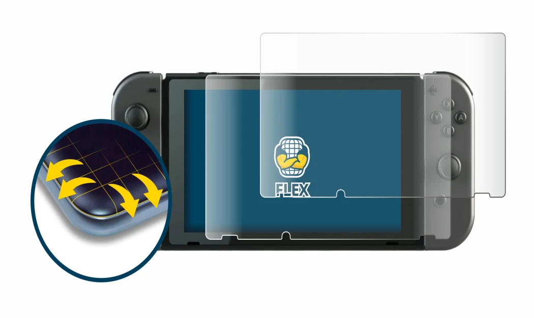 Immagine del dispositivo Nintendo Switch con un'ampia varietà di protezioni per lo schermo.