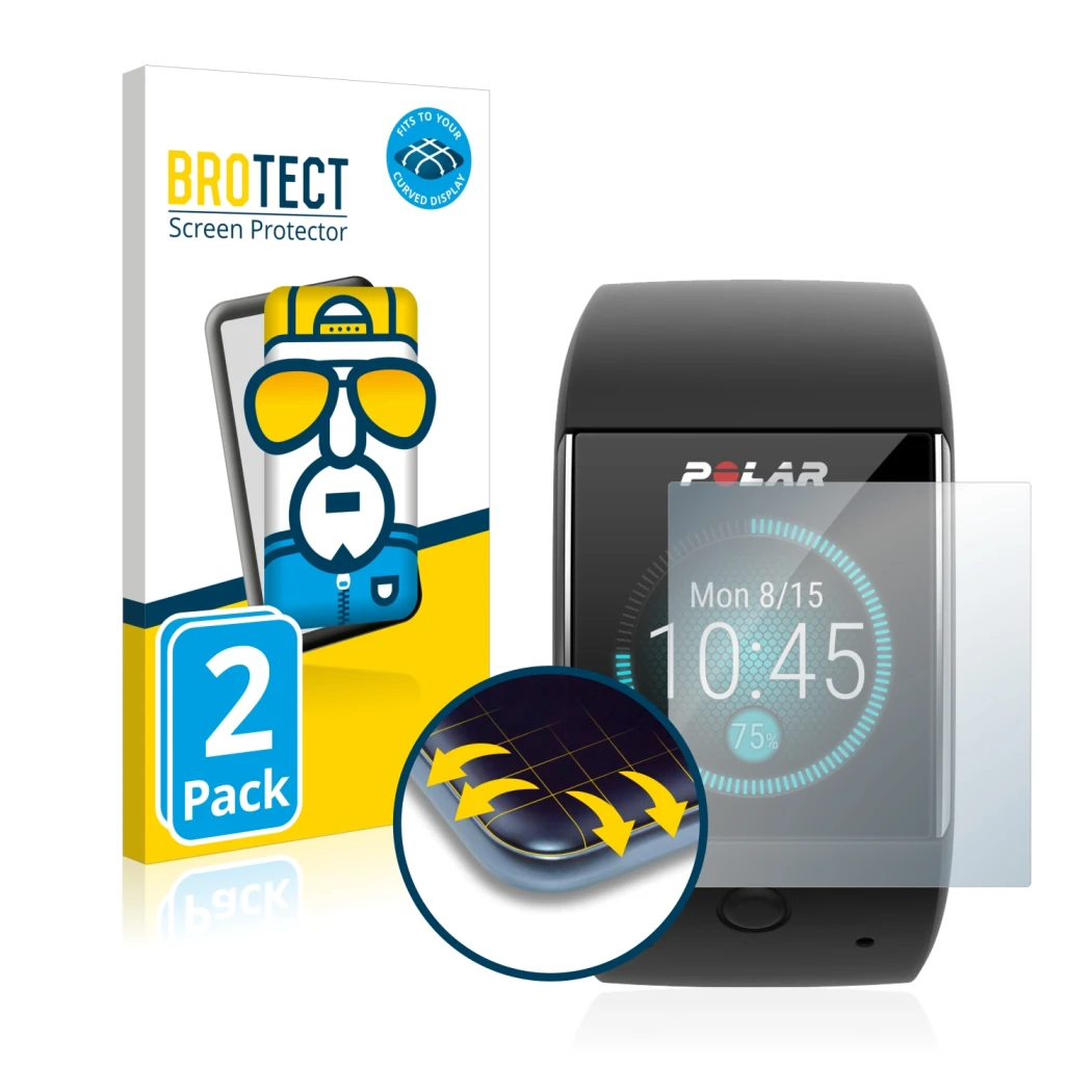 Parte frontale di una confezione del prodotto con il logo del marchio BROTECT. Accanto è raffigurato il dispositivo Polar M600