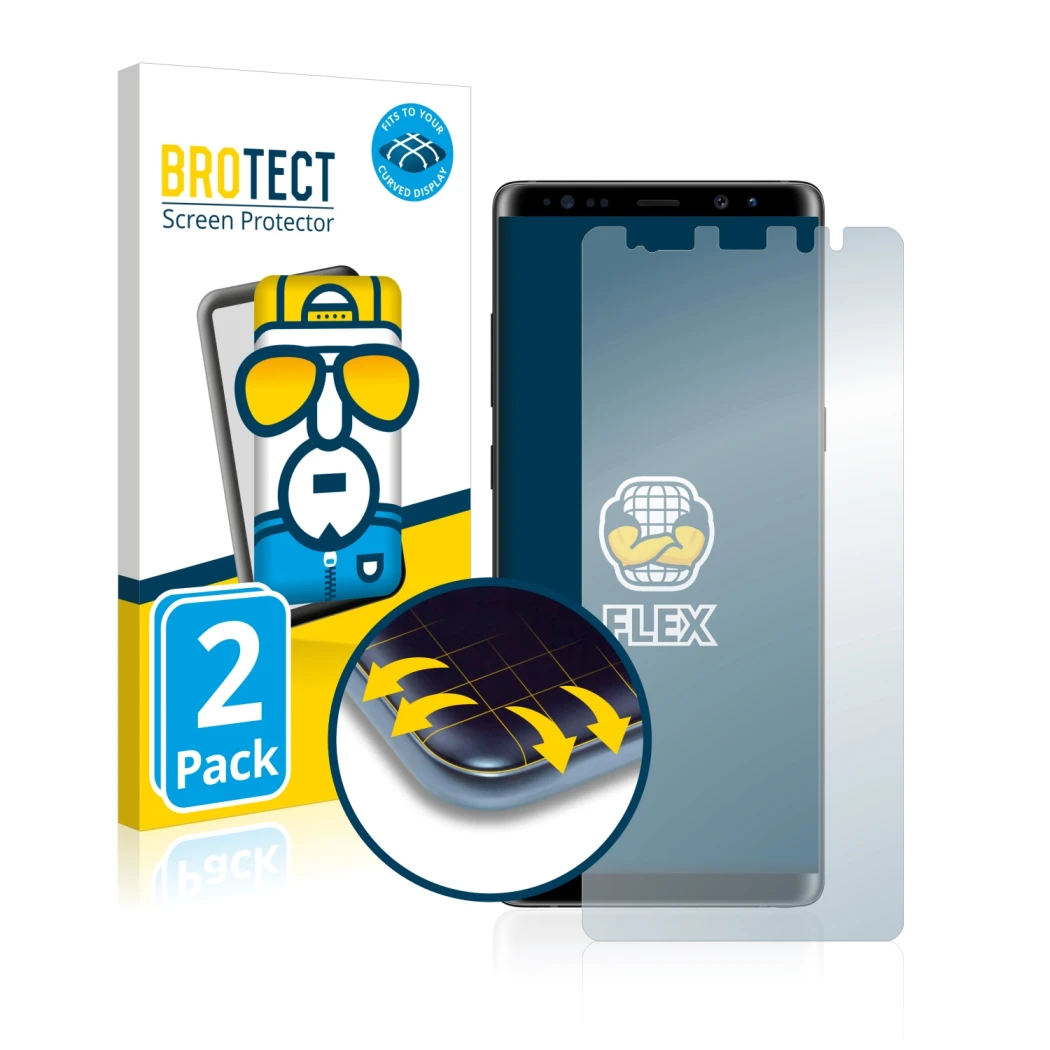 Parte frontale di una confezione del prodotto con il logo del marchio BROTECT. Accanto è raffigurato il dispositivo Samsung Ga