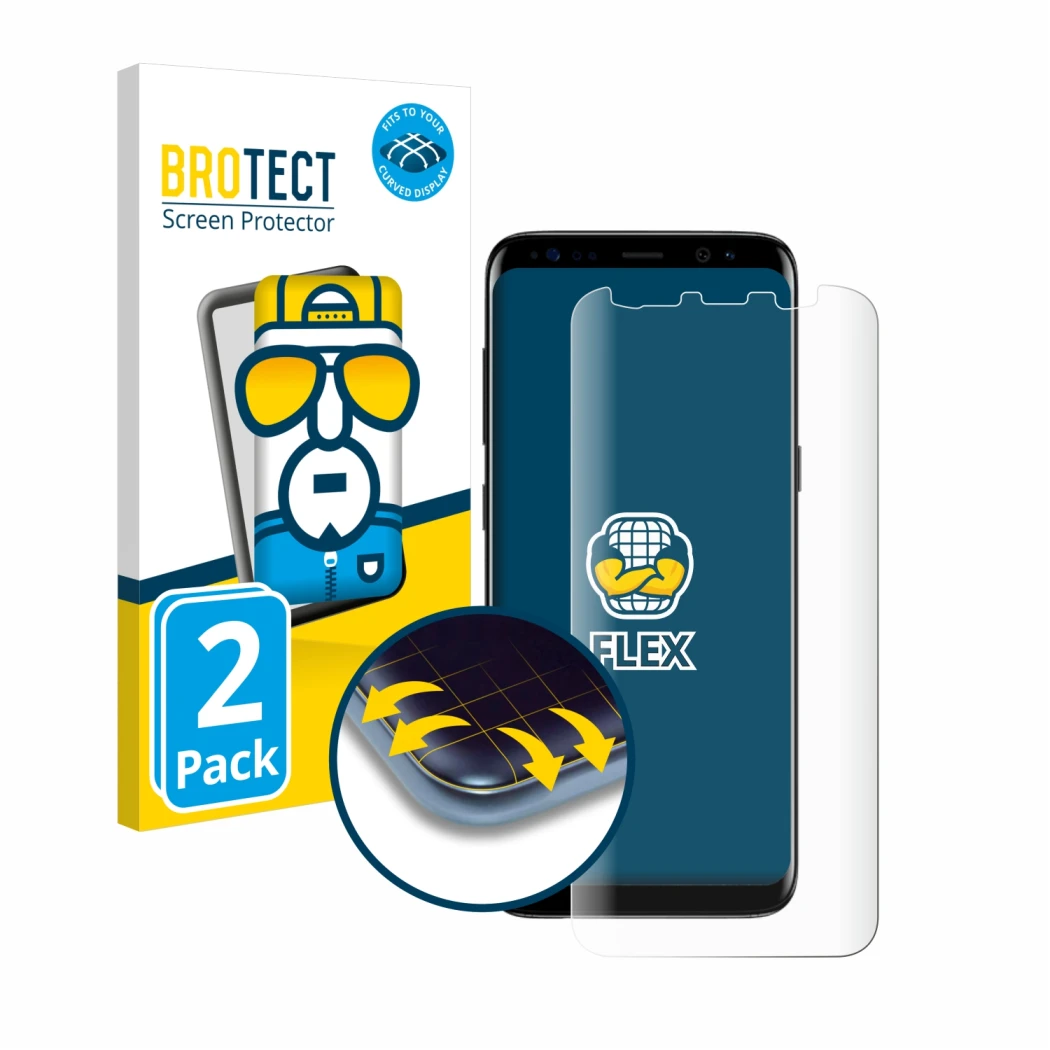 Parte frontale di una confezione del prodotto con il logo del marchio BROTECT. Accanto è raffigurato il dispositivo Samsung Ga