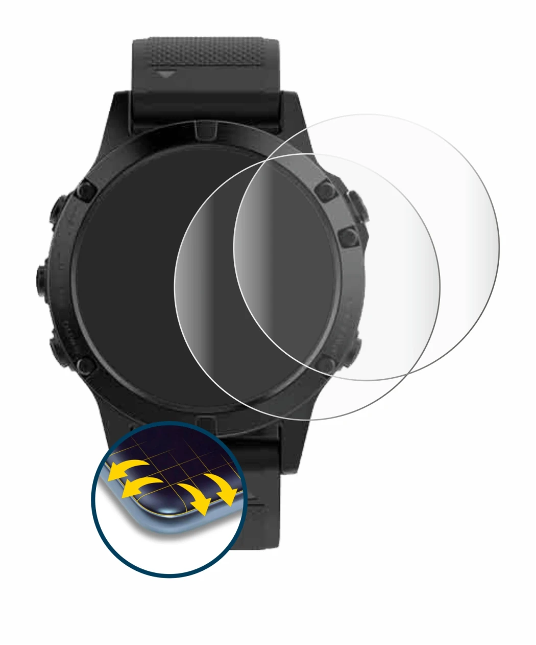 Immagine del dispositivo Garmin Fenix 5 (47 mm) con un'ampia varietà di protezioni per lo schermo.