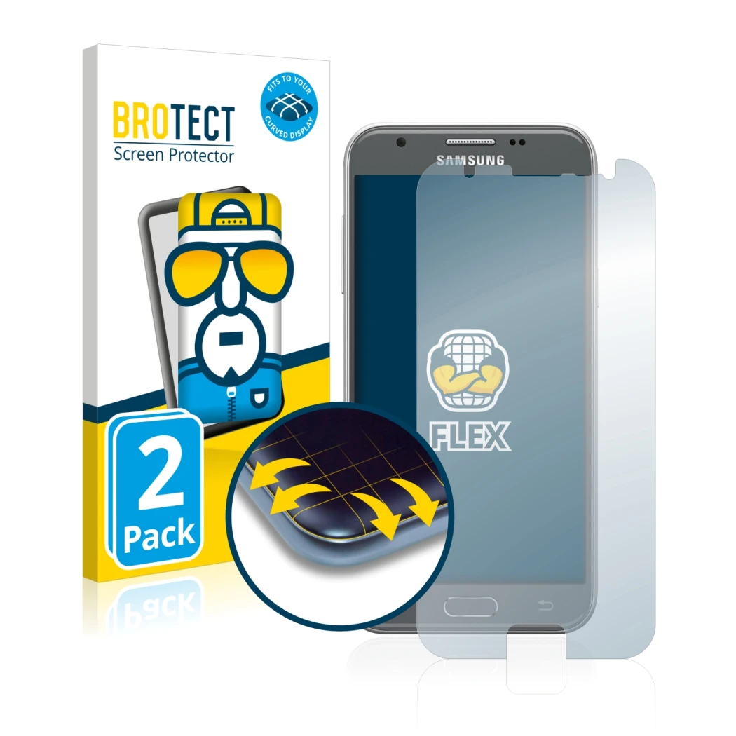 Parte frontale di una confezione del prodotto con il logo del marchio BROTECT. Accanto è raffigurato il dispositivo Samsung Ga