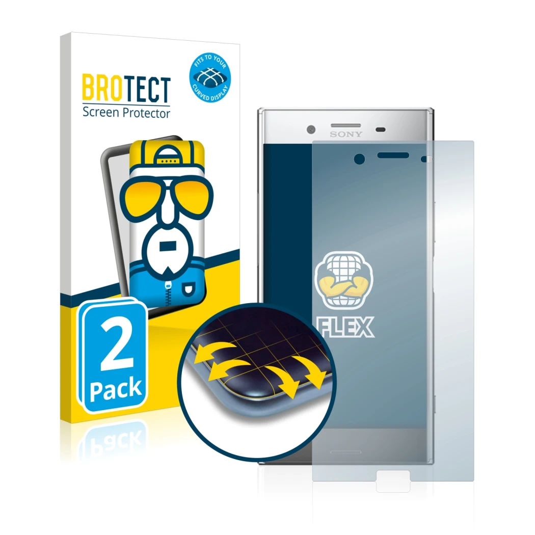Parte frontale di una confezione del prodotto con il logo del marchio BROTECT. Accanto è raffigurato il dispositivo Sony Xperi