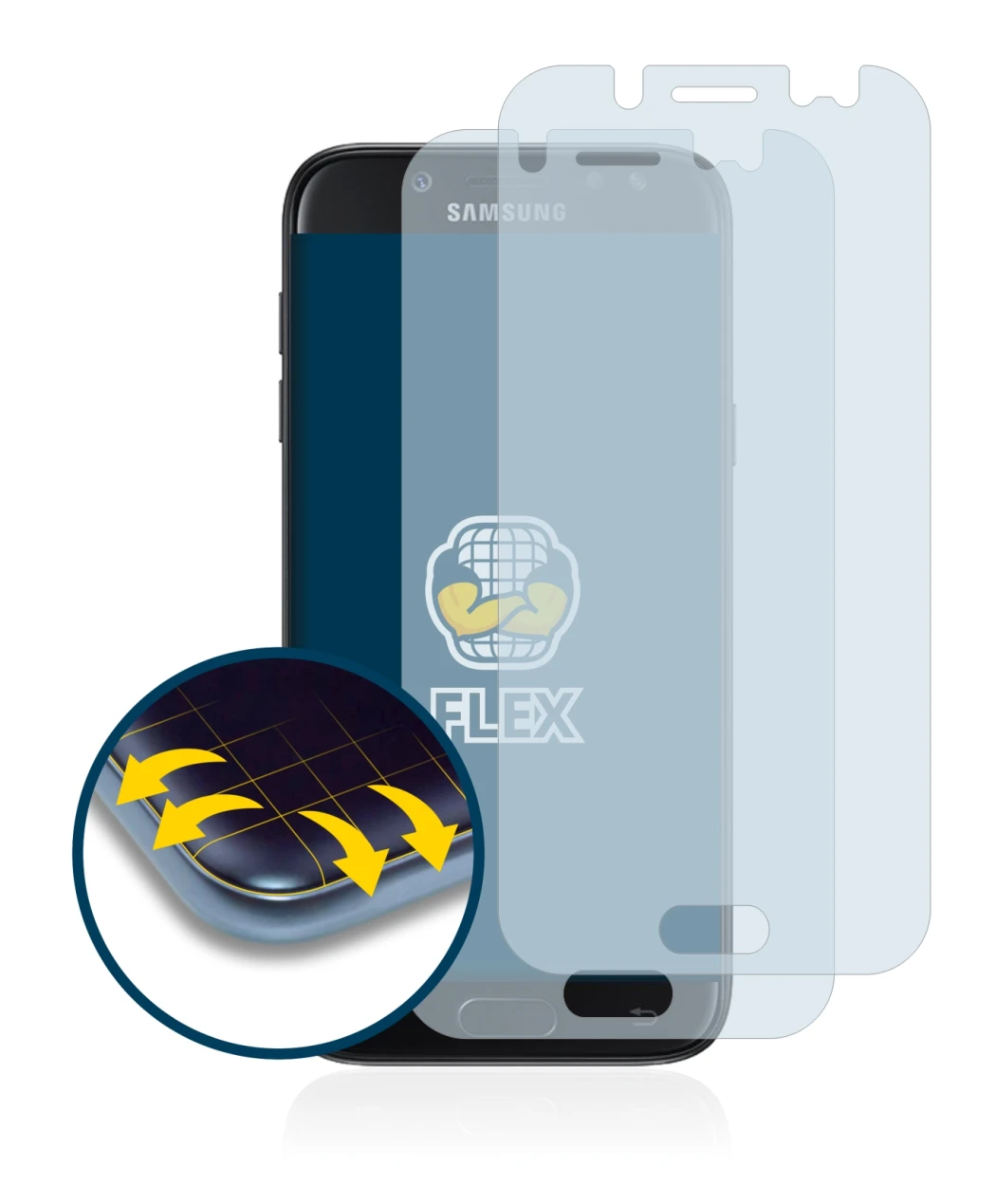Immagine del dispositivo Samsung Galaxy J5 2017 con un'ampia varietà di protezioni per lo schermo.