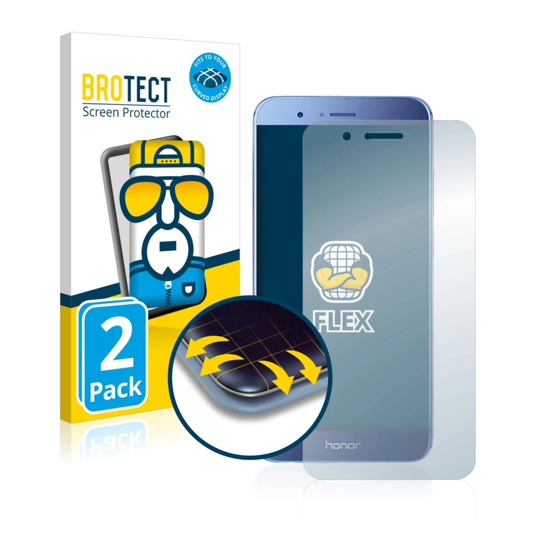 Parte frontale di una confezione del prodotto con il logo del marchio BROTECT. Accanto è raffigurato il dispositivo Honor 8 Pr