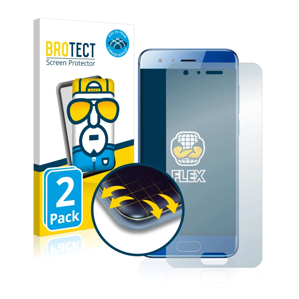 Parte frontale di una confezione del prodotto con il logo del marchio BROTECT. Accanto è raffigurato il dispositivo Honor 9 co
