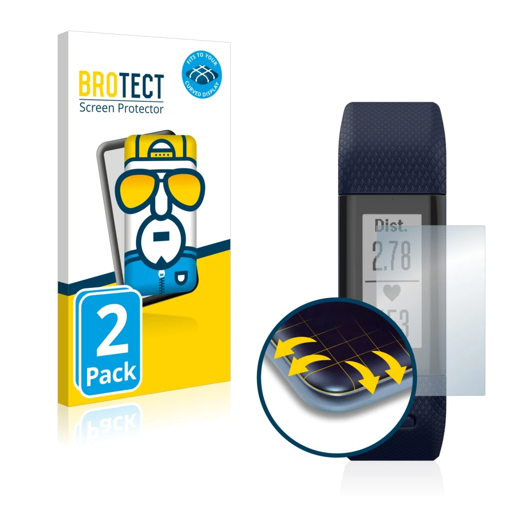 Parte frontale di una confezione del prodotto con il logo del marchio BROTECT. Accanto è raffigurato il dispositivo Garmin Viv