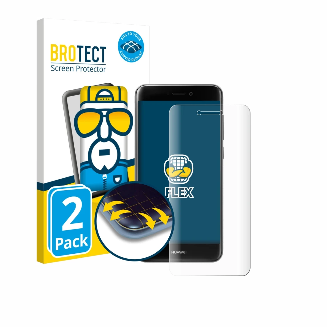 Parte frontale di una confezione del prodotto con il logo del marchio BROTECT. Accanto è raffigurato il dispositivo Huawei P9