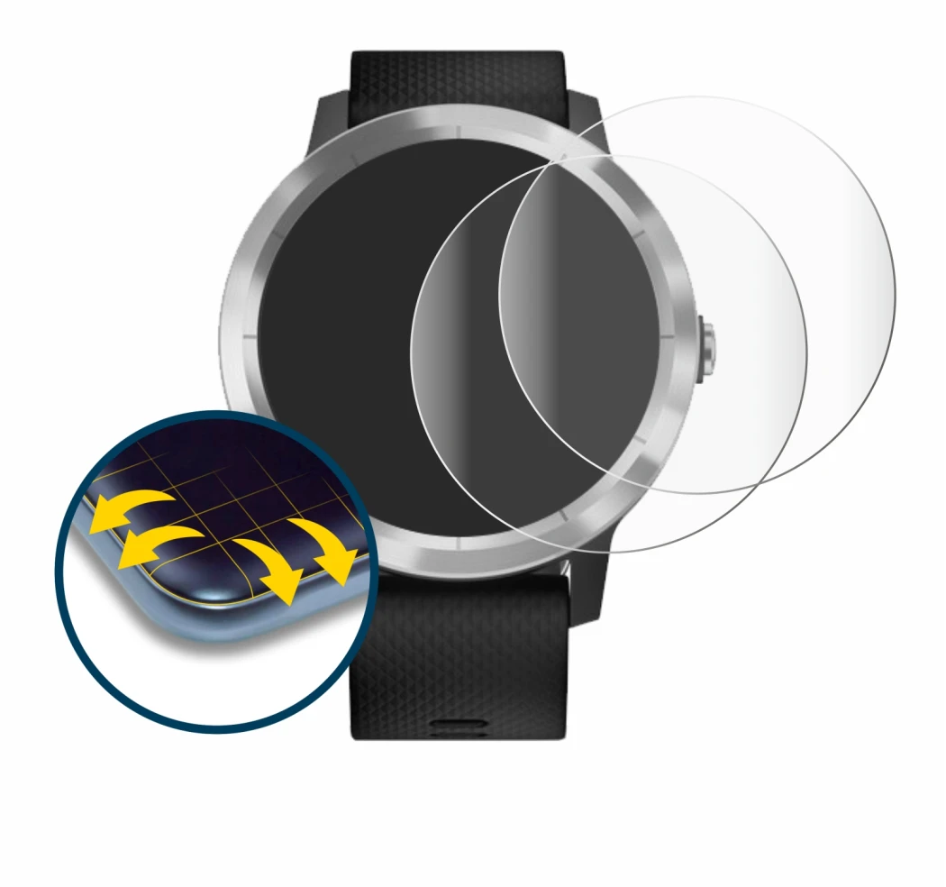 Immagine del dispositivo Garmin vivoactive 3 con un'ampia varietà di protezioni per lo schermo.
