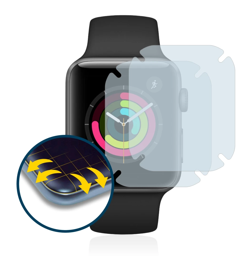Immagine del dispositivo Apple Watch Series 3 (42 mm) con un'ampia varietà di protezioni per lo schermo.