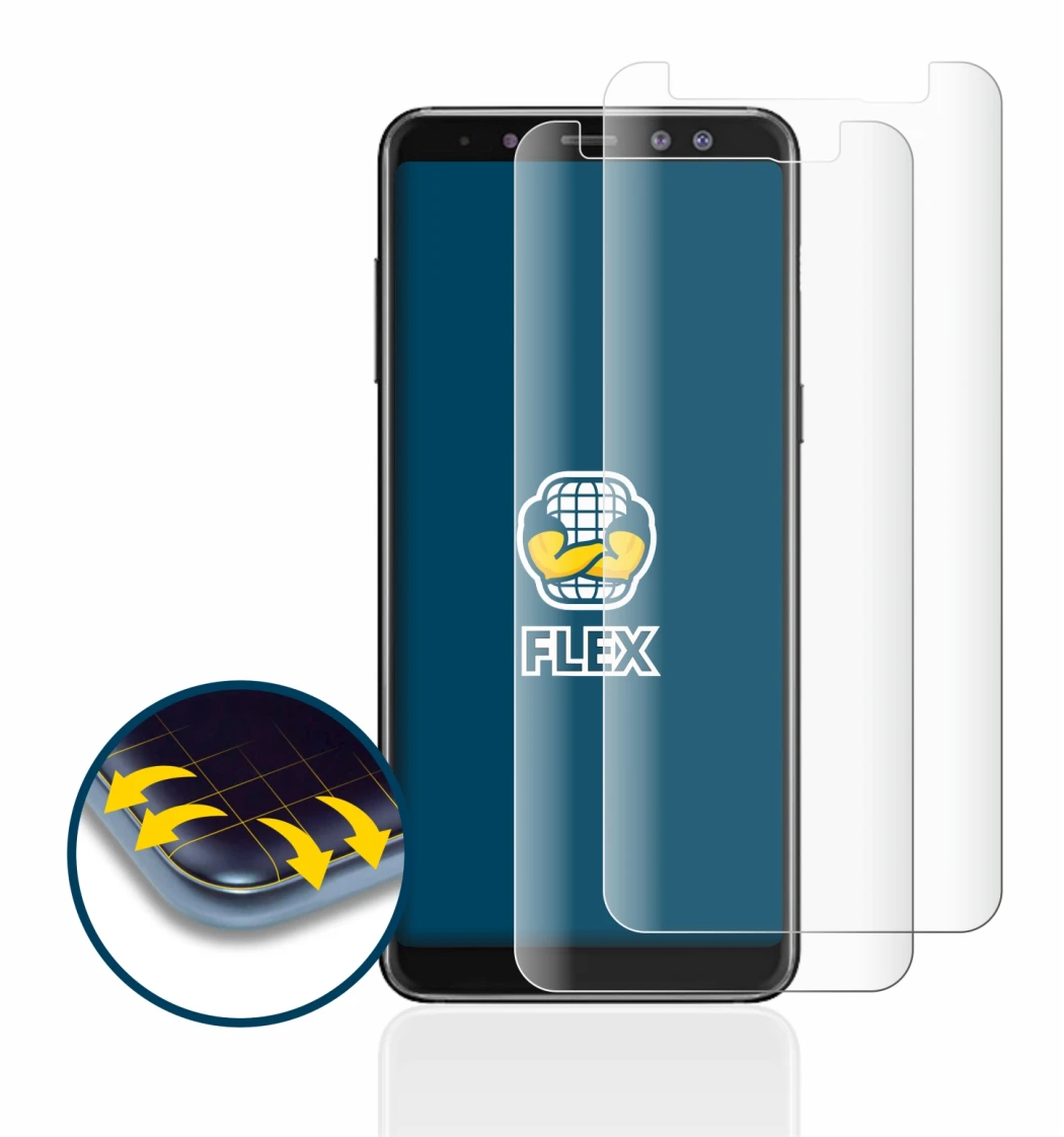 Immagine del dispositivo Samsung Galaxy A8 2018 con un'ampia varietà di protezioni per lo schermo.