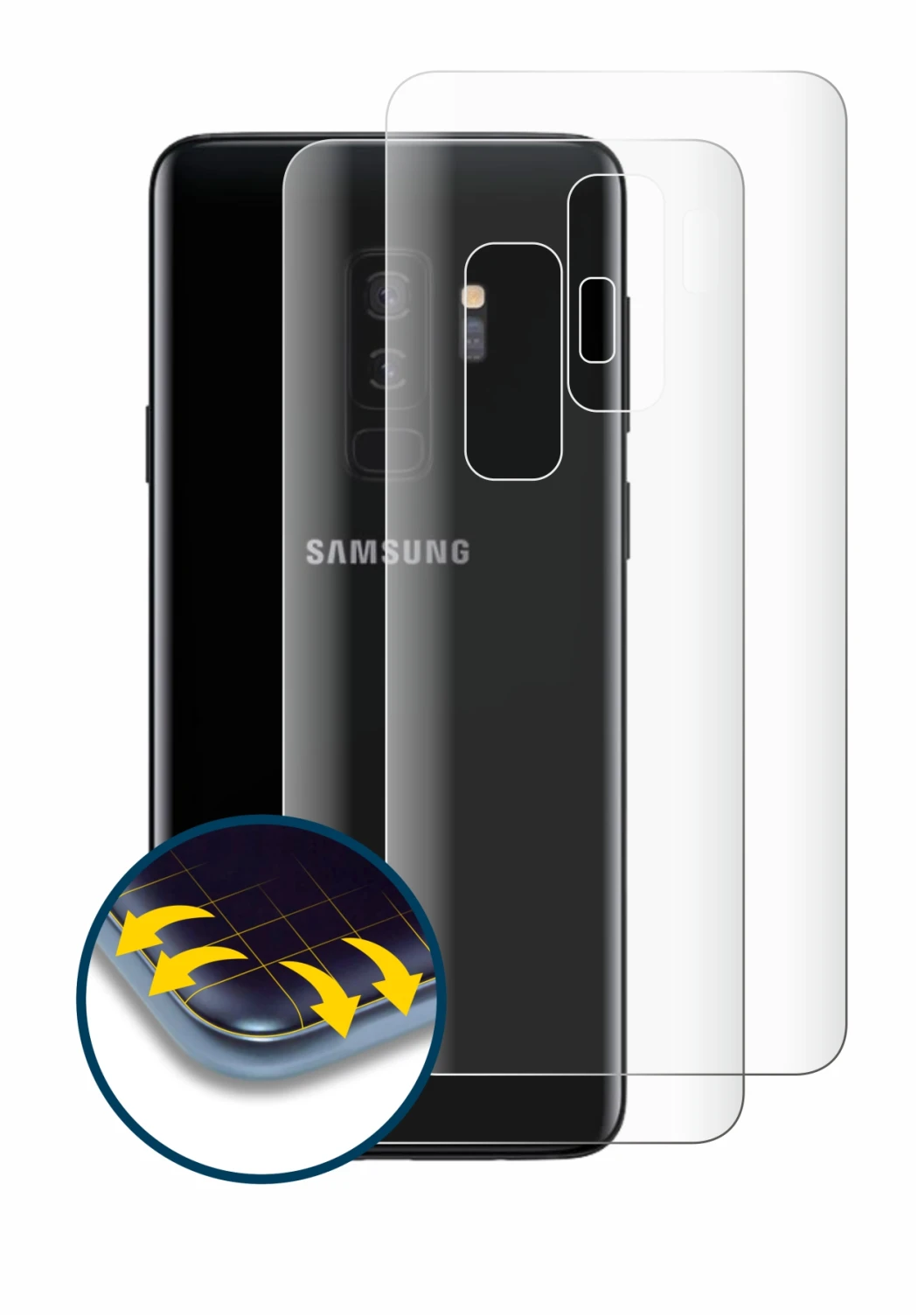Immagine del dispositivo Samsung Galaxy S9 Plus (Posteriore) con un'ampia varietà di protezioni per lo schermo.