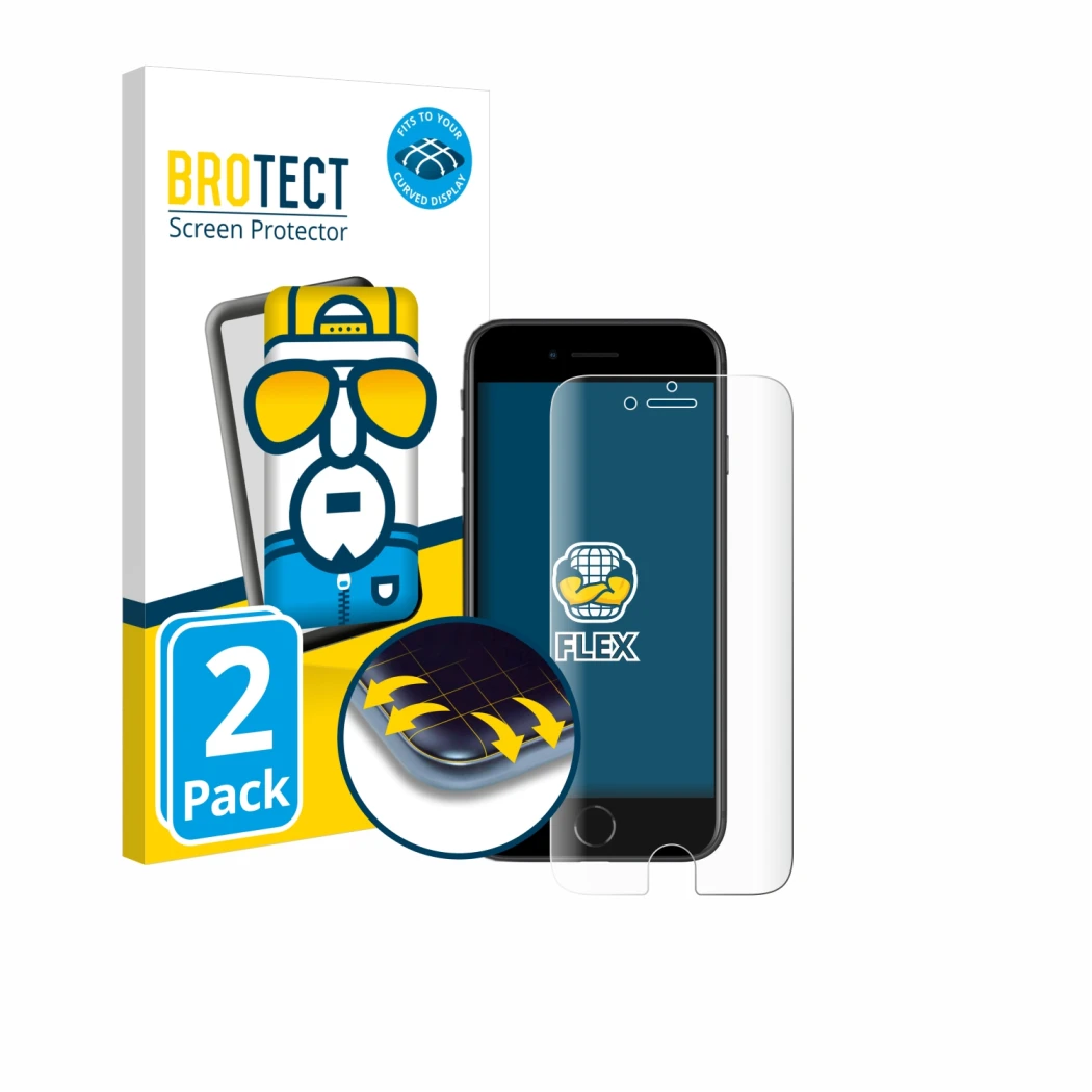 Parte frontale di una confezione del prodotto con il logo del marchio BROTECT. Accanto è raffigurato il dispositivo Apple iPho