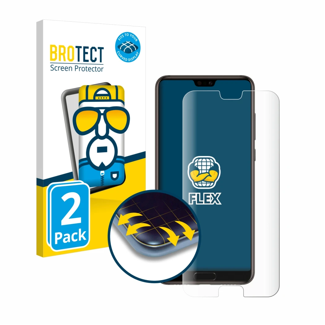 Parte frontale di una confezione del prodotto con il logo del marchio BROTECT. Accanto è raffigurato il dispositivo Huawei P20