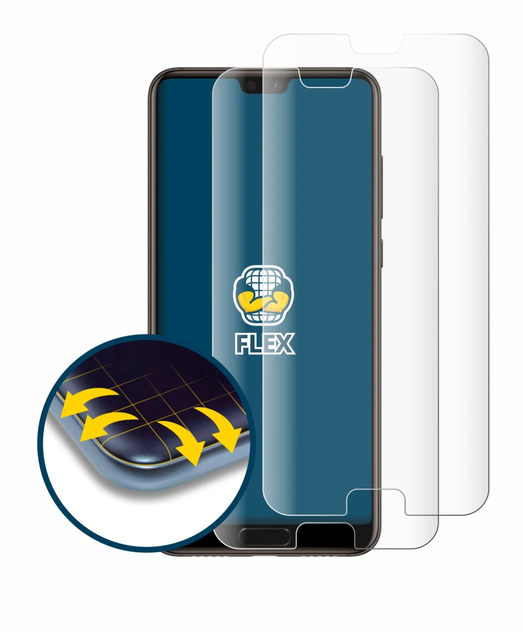 Immagine del dispositivo Huawei P20 con un'ampia varietà di protezioni per lo schermo.