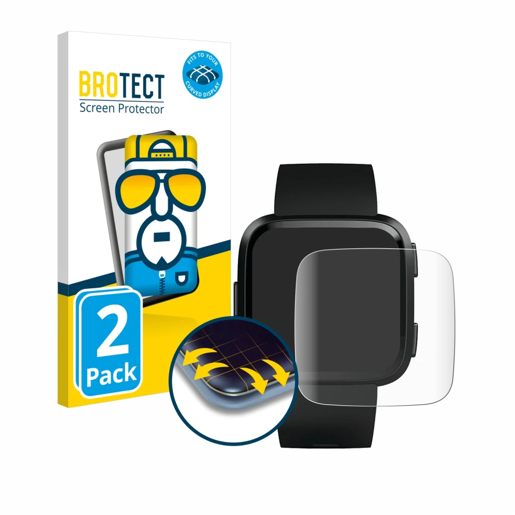 Parte frontale di una confezione del prodotto con il logo del marchio BROTECT. Accanto è raffigurato il dispositivo Fitbit Ver