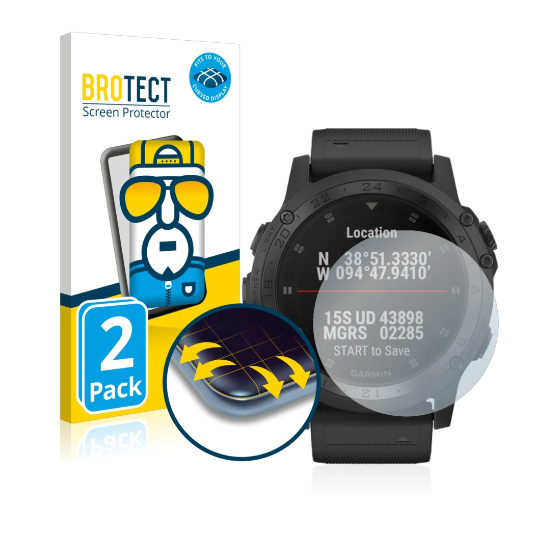 Parte frontale di una confezione del prodotto con il logo del marchio BROTECT. Accanto è raffigurato il dispositivo Garmin Tac