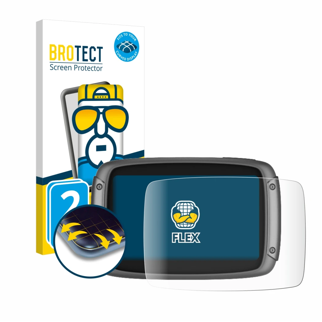 Parte frontale di una confezione del prodotto con il logo del marchio BROTECT. Accanto è raffigurato il dispositivo TomTom Rid