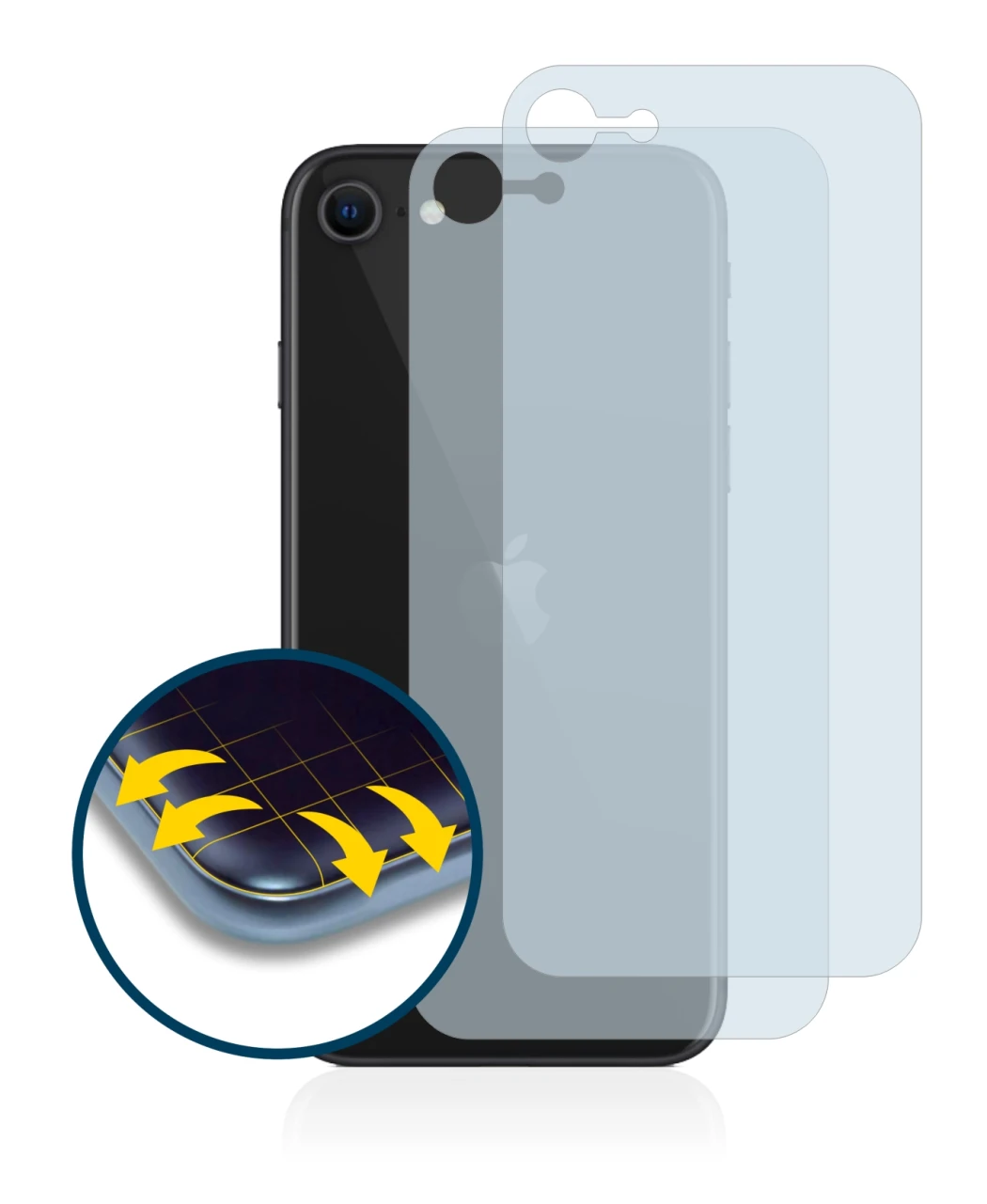 Immagine del dispositivo Apple iPhone SE 2 2020 (Posteriore) con un'ampia varietà di protezioni per lo schermo.