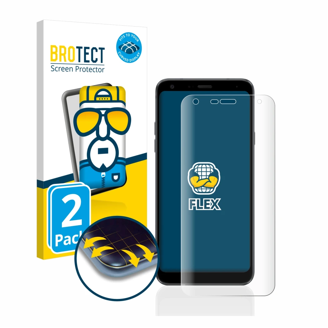 Parte frontale di una confezione del prodotto con il logo del marchio BROTECT. Accanto è raffigurato il dispositivo LG Q7 con
