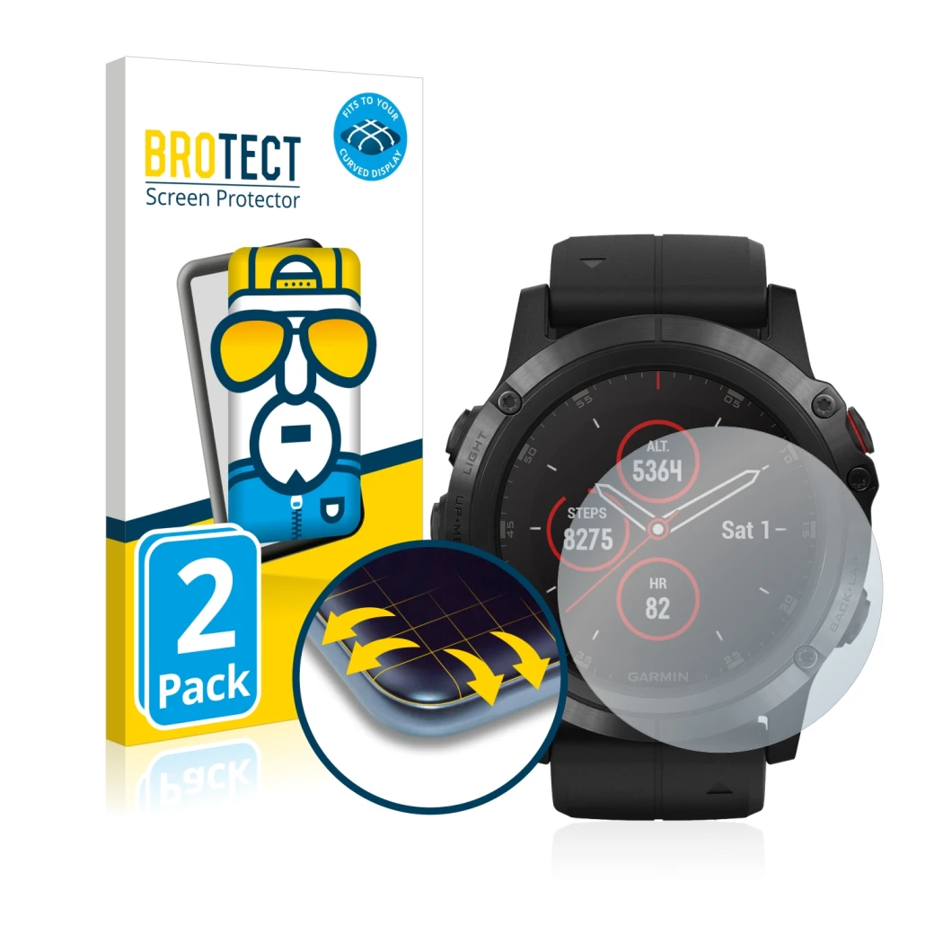 Parte frontale di una confezione del prodotto con il logo del marchio BROTECT. Accanto è raffigurato il dispositivo Garmin Fen