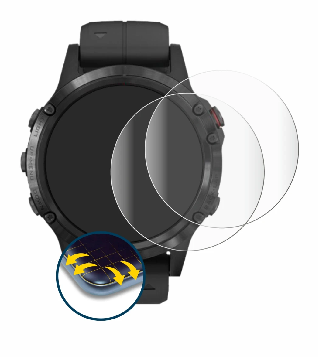 Immagine del dispositivo Garmin Fenix 5 Plus (47 mm) con un'ampia varietà di protezioni per lo schermo.