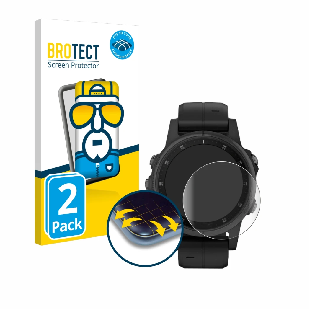 Parte frontale di una confezione del prodotto con il logo del marchio BROTECT. Accanto è raffigurato il dispositivo Garmin Fen