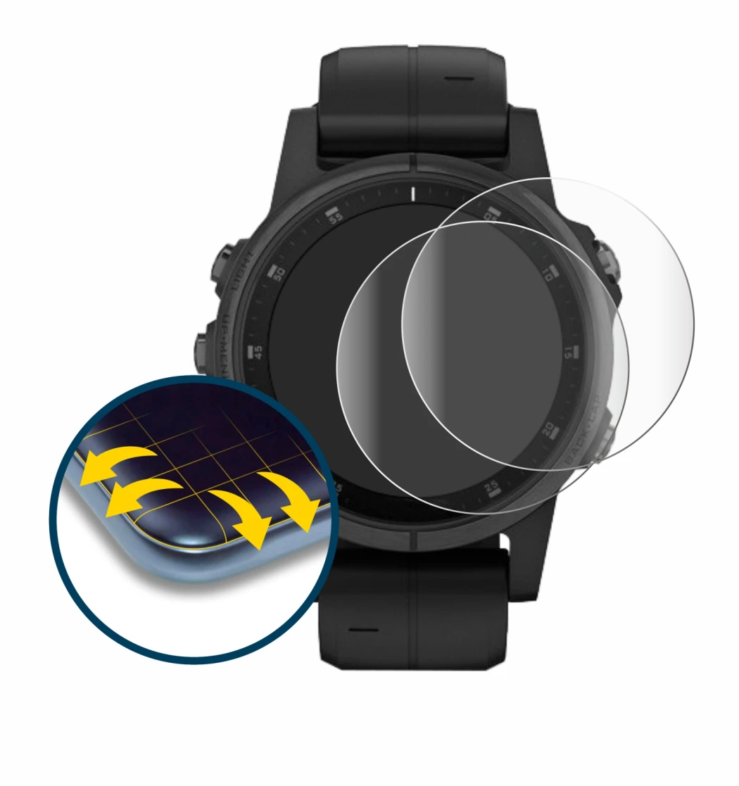 Immagine del dispositivo Garmin Fenix 5S Plus (42 mm) con un'ampia varietà di protezioni per lo schermo.
