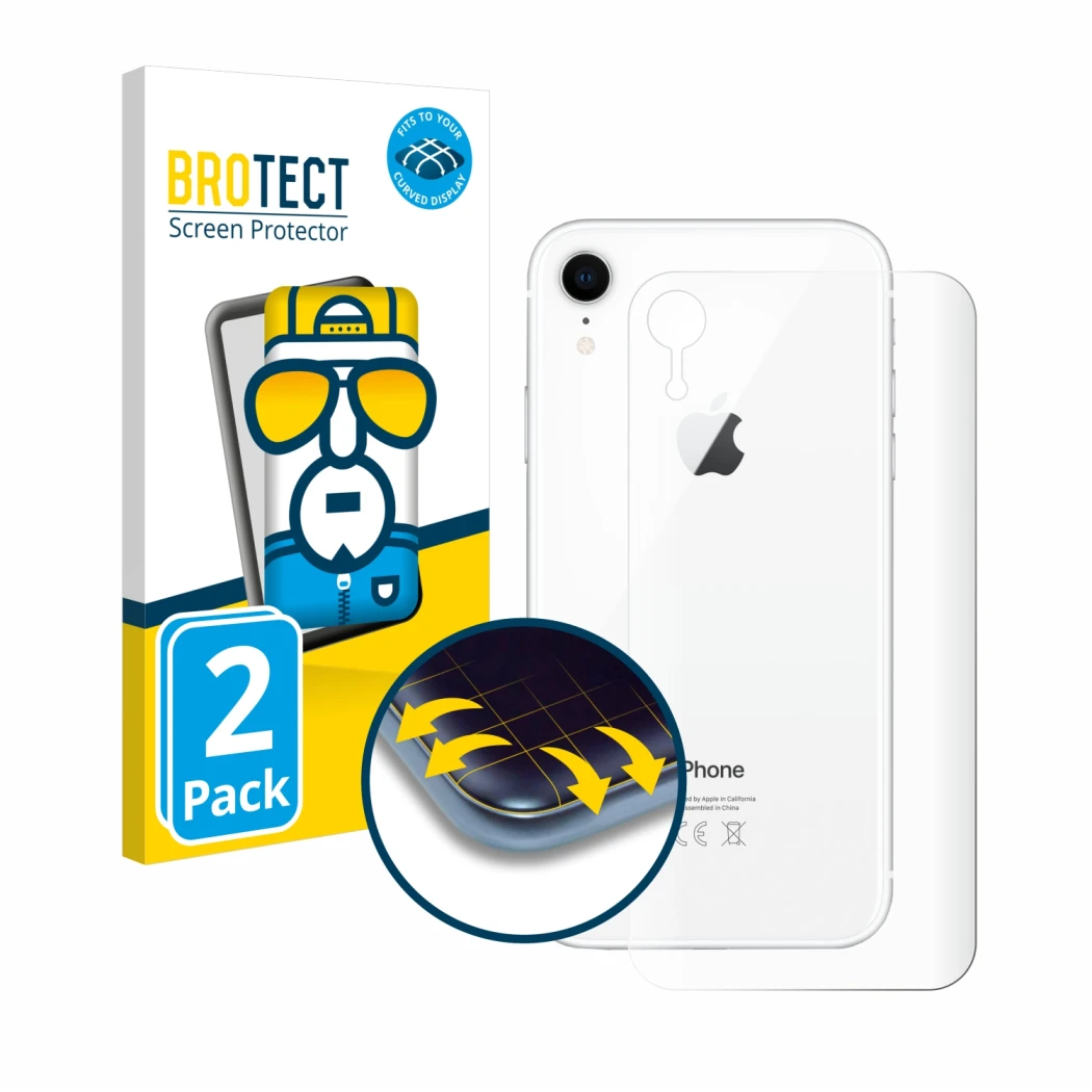 Parte frontale di una confezione del prodotto con il logo del marchio BROTECT. Accanto è raffigurato il dispositivo Apple iPho