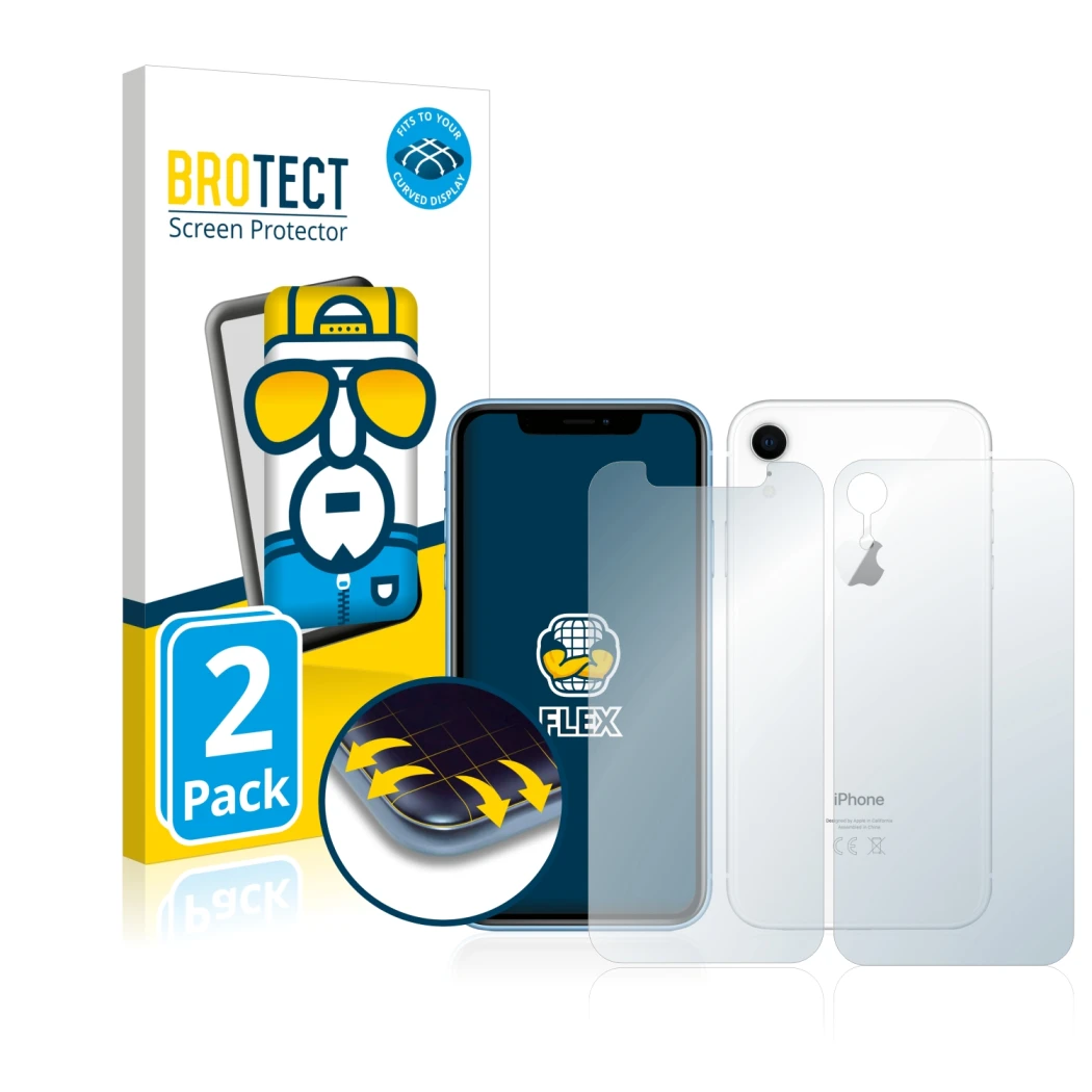 Parte frontale di una confezione del prodotto con il logo del marchio BROTECT. Accanto è raffigurato il dispositivo Apple iPho