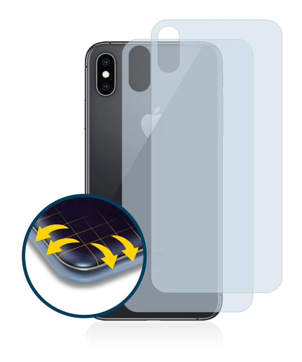 Immagine del dispositivo Apple iPhone Xs Max (Posteriore) con un'ampia varietà di protezioni per lo schermo.