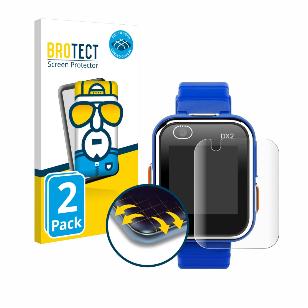 Parte frontale di una confezione del prodotto con il logo del marchio BROTECT. Accanto è raffigurato il dispositivo Vtech Kidi