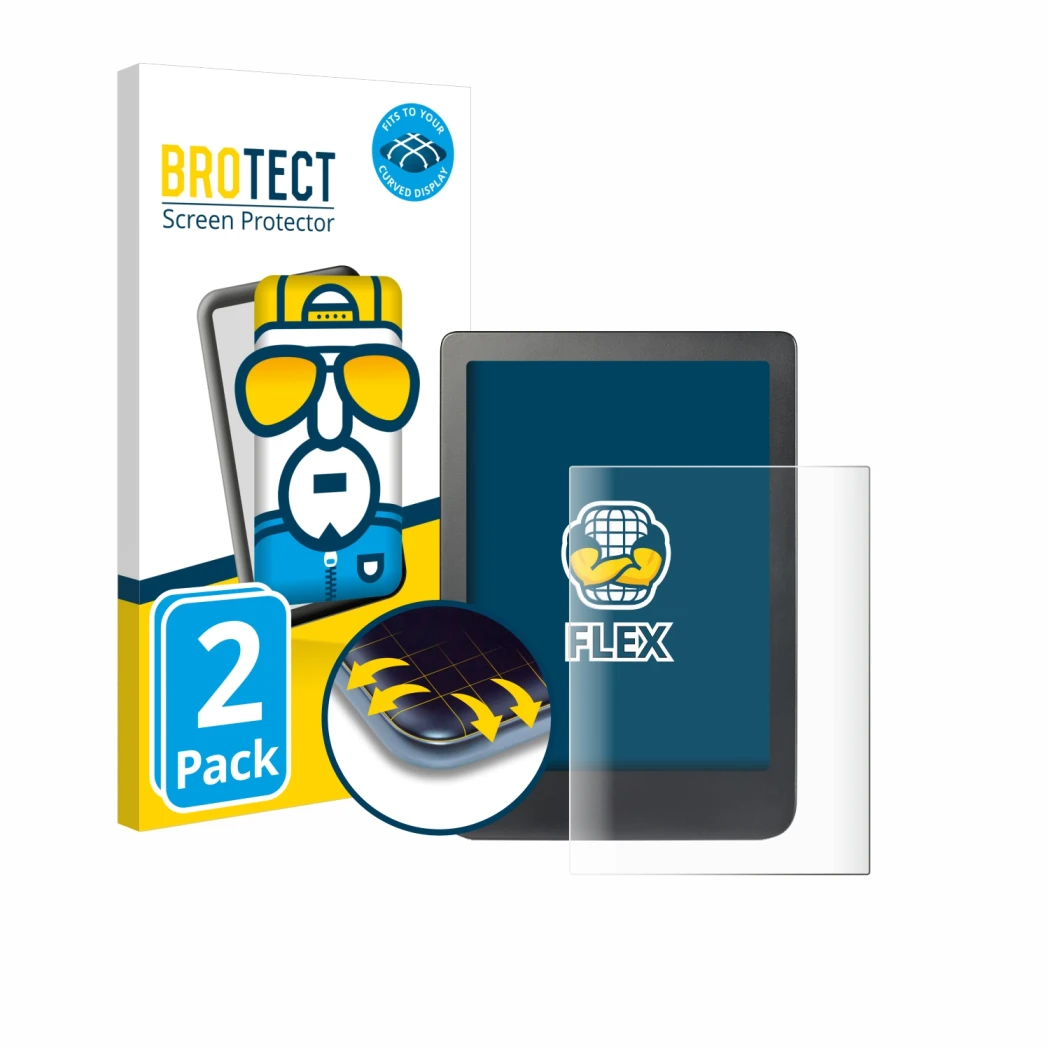 Parte frontale di una confezione del prodotto con il logo del marchio BROTECT. Accanto è raffigurato il dispositivo Kobo Clara