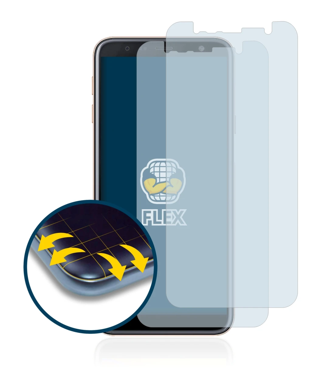 Immagine del dispositivo Samsung Galaxy J4 Plus con un'ampia varietà di protezioni per lo schermo.