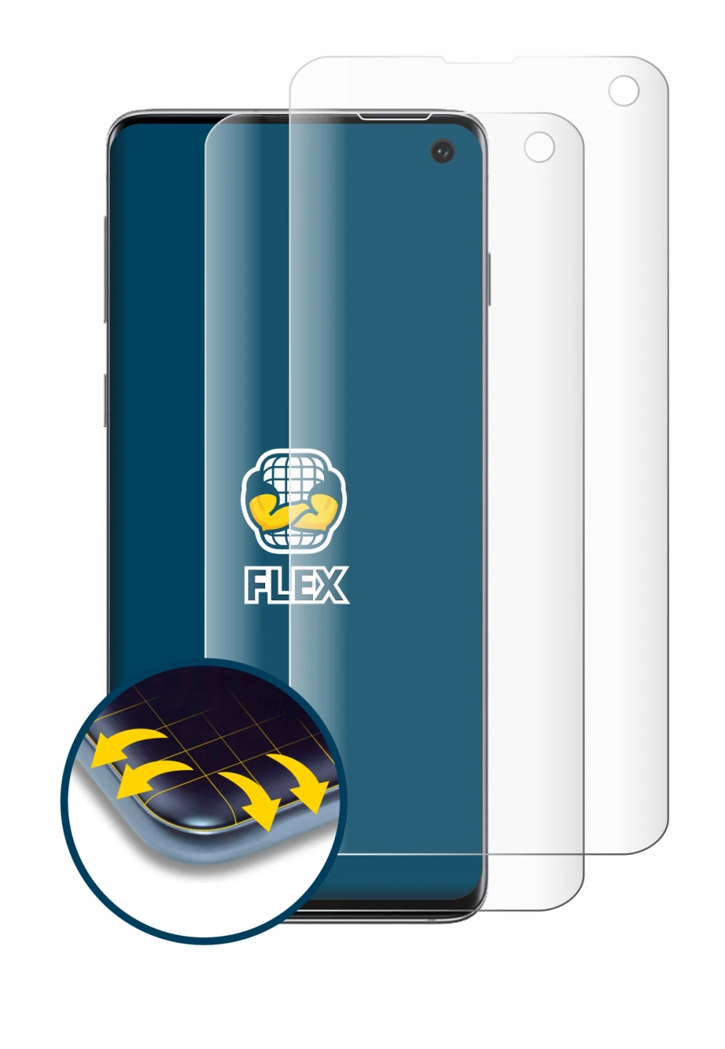 Immagine del dispositivo Samsung Galaxy S10 con un'ampia varietà di protezioni per lo schermo.