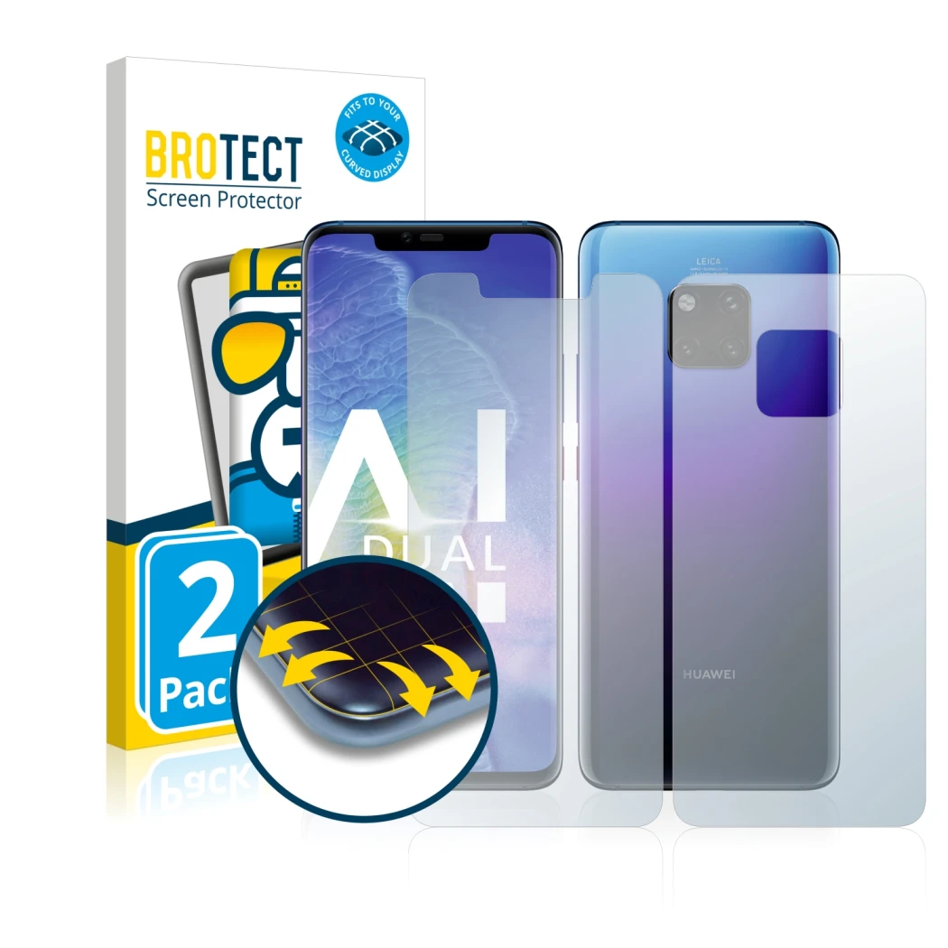 Parte frontale di una confezione del prodotto con il logo del marchio BROTECT. Accanto è raffigurato il dispositivo Huawei Mat