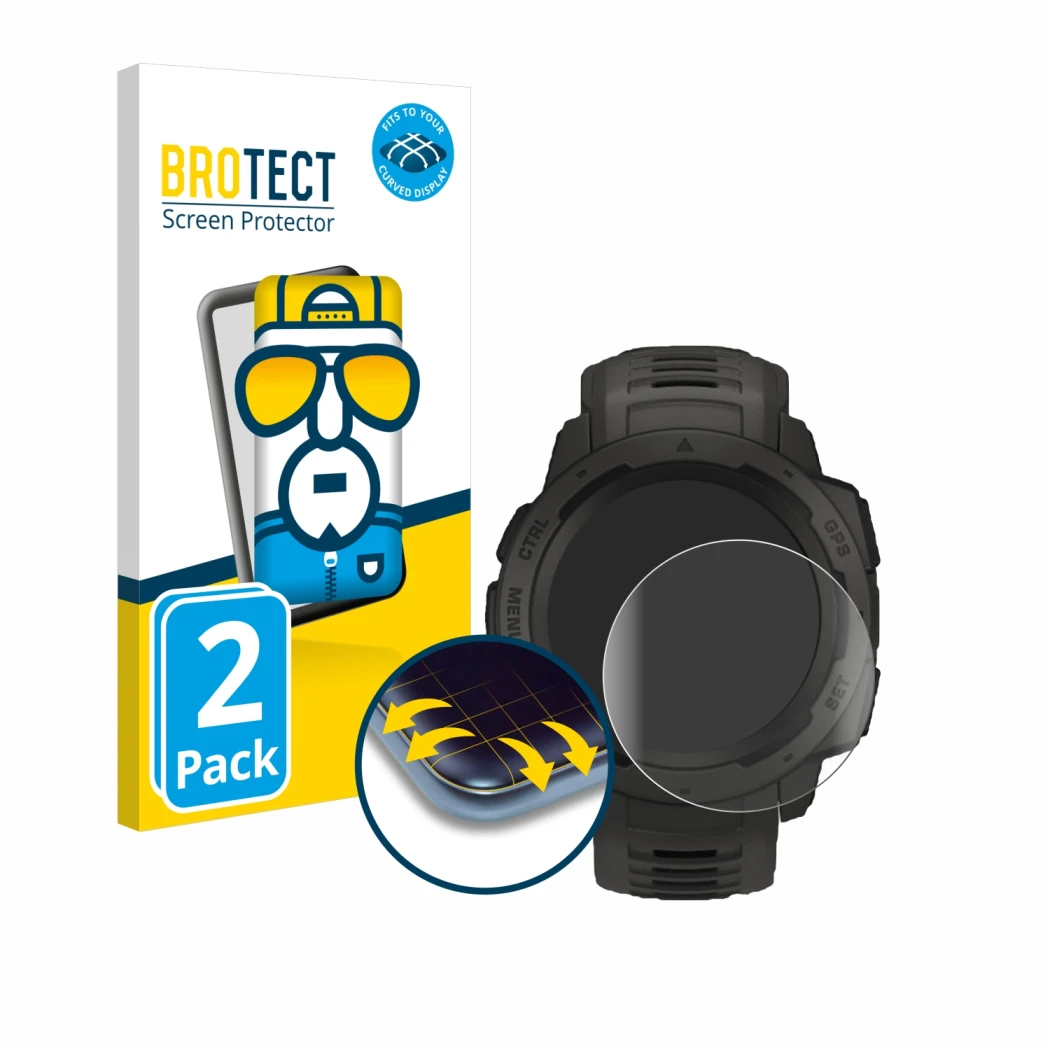 Parte frontale di una confezione del prodotto con il logo del marchio BROTECT. Accanto è raffigurato il dispositivo Garmin Ins