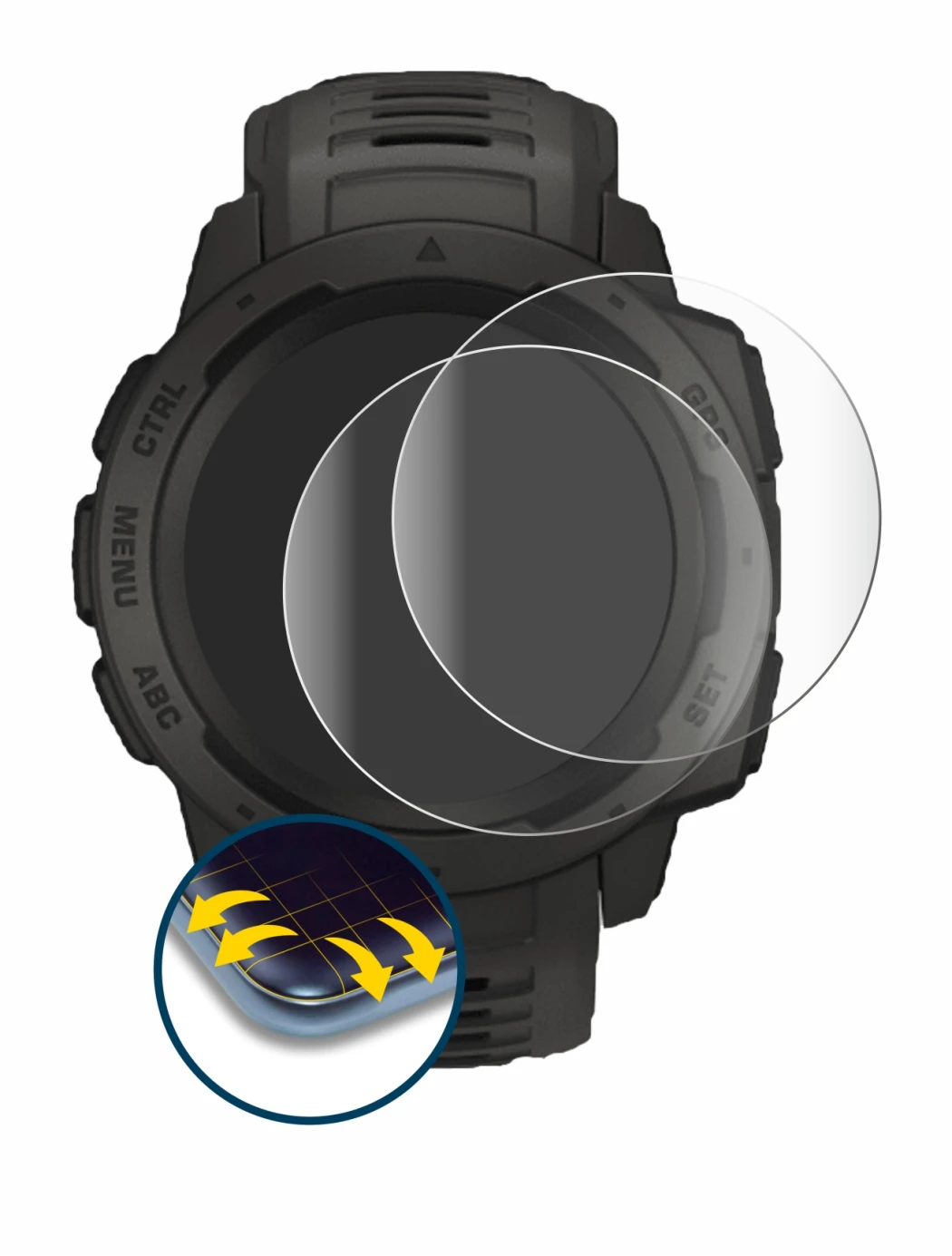 Immagine del dispositivo Garmin Instinct con un'ampia varietà di protezioni per lo schermo.