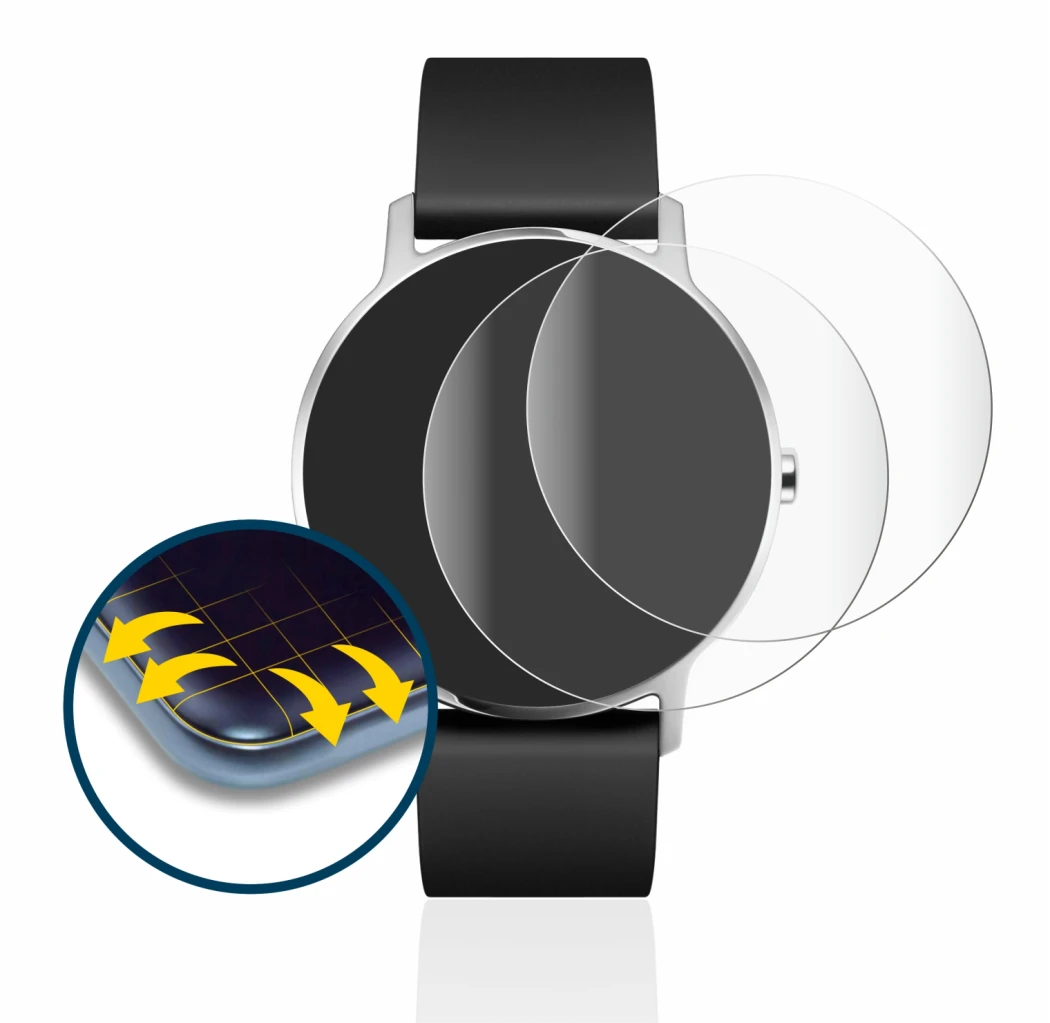 Immagine del dispositivo Withings Steel HR (36 mm) con un'ampia varietà di protezioni per lo schermo.