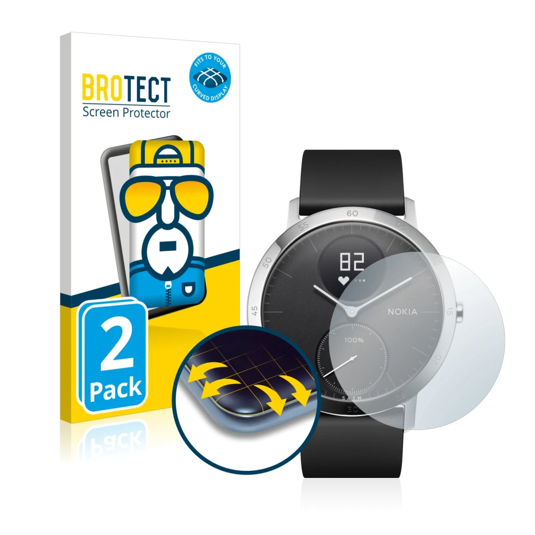 Parte frontale di una confezione del prodotto con il logo del marchio BROTECT. Accanto è raffigurato il dispositivo Withings S