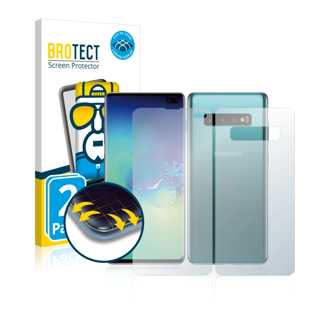 Parte frontale di una confezione del prodotto con il logo del marchio BROTECT. Accanto è raffigurato il dispositivo Samsung Ga