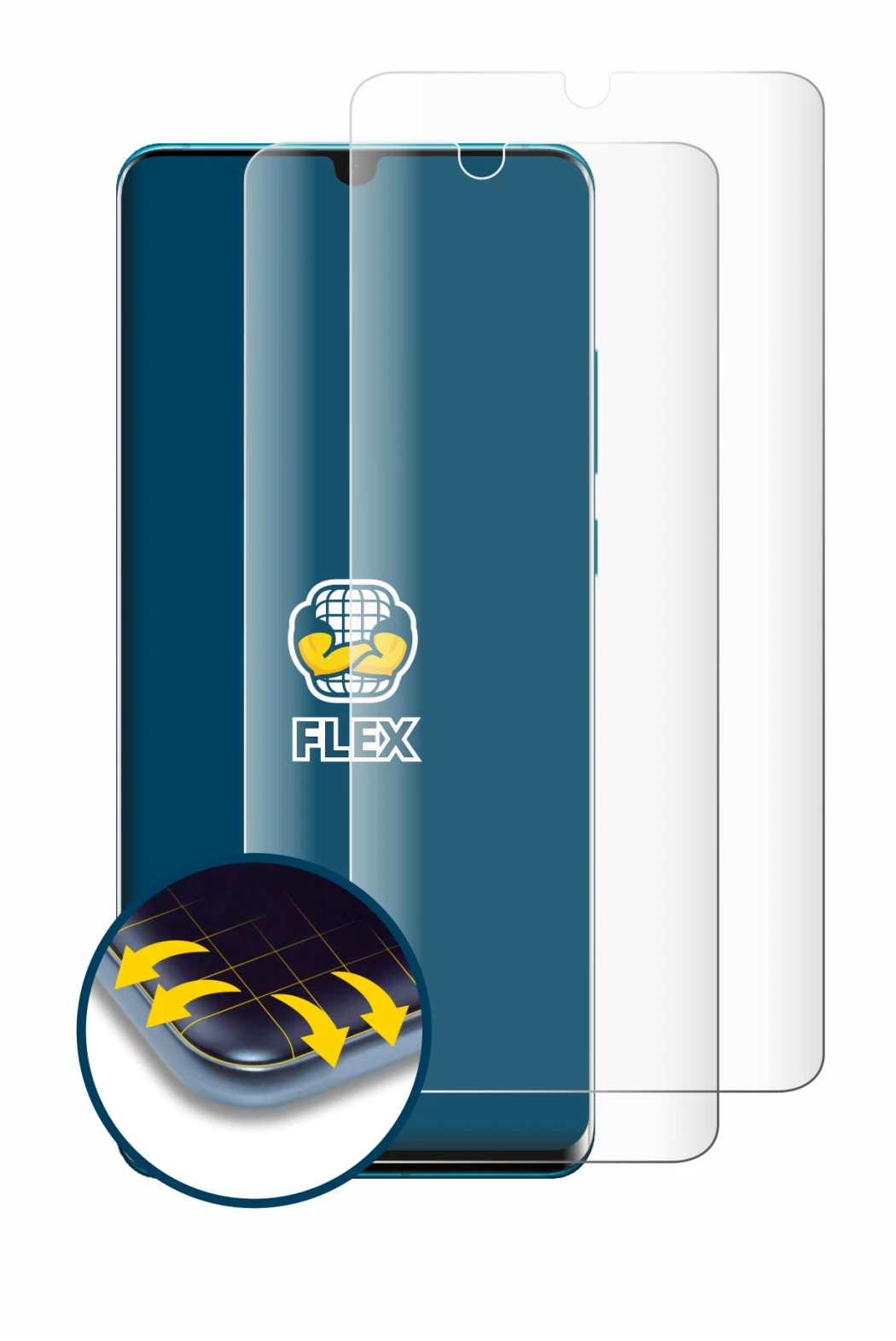 Immagine del dispositivo Huawei P30 Pro con un'ampia varietà di protezioni per lo schermo.