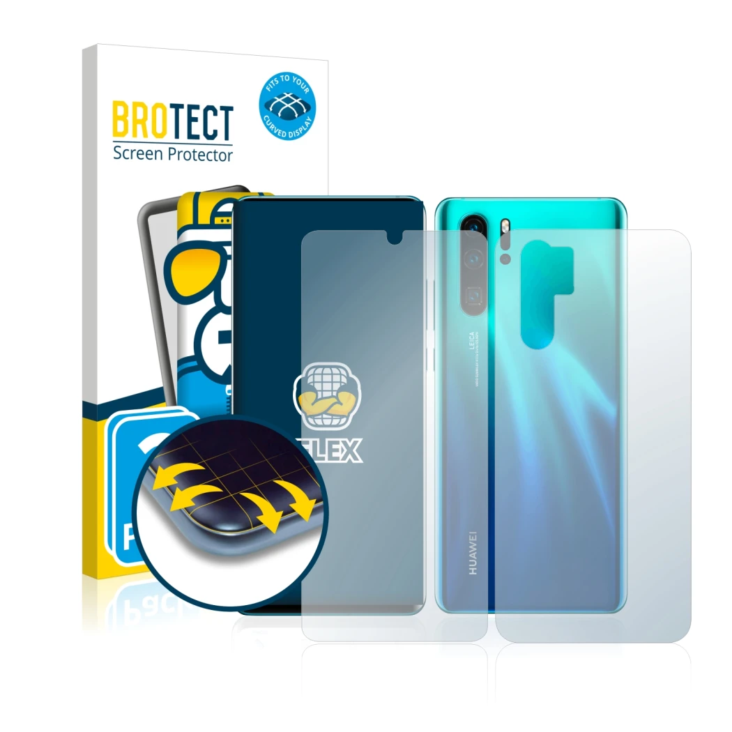 Parte frontale di una confezione del prodotto con il logo del marchio BROTECT. Accanto è raffigurato il dispositivo Huawei P30