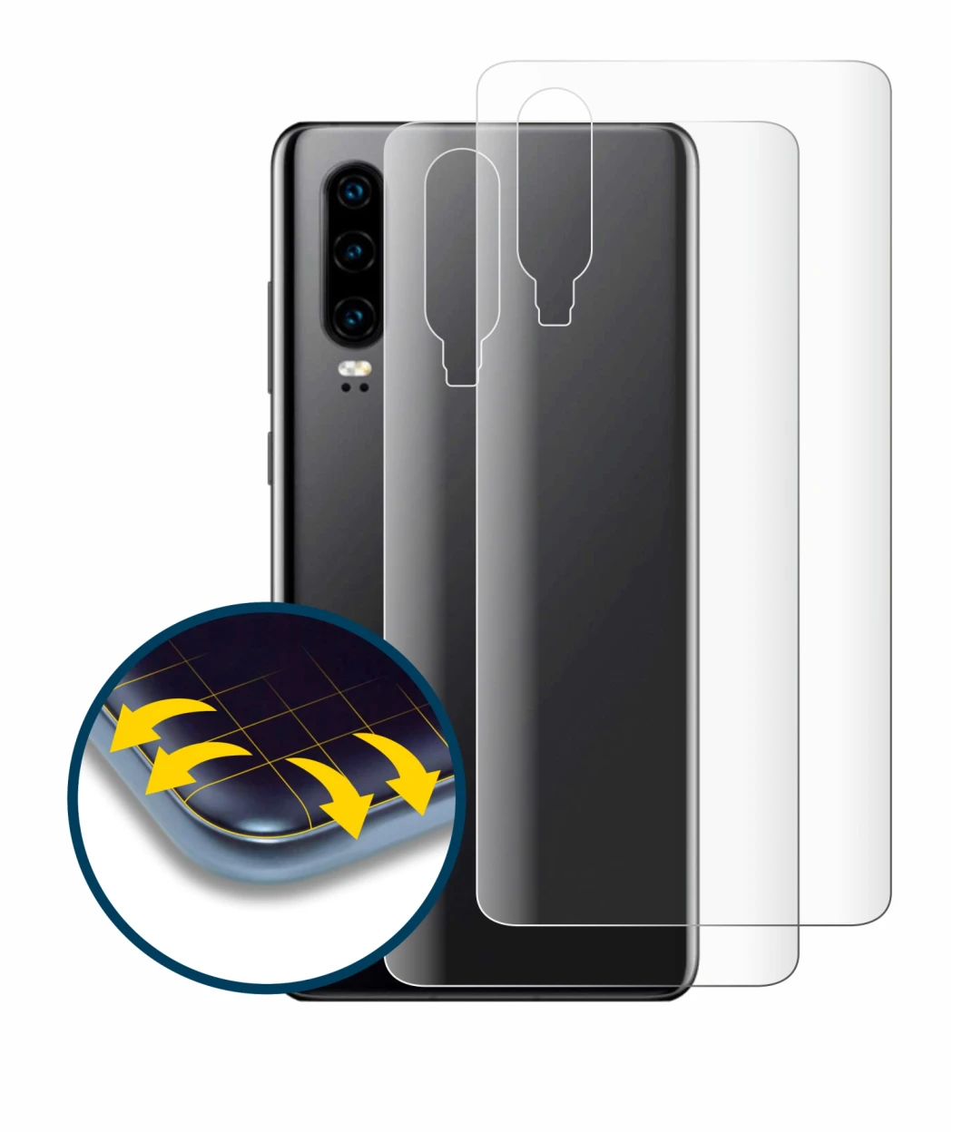 Immagine del dispositivo Huawei P30 (Posteriore) con un'ampia varietà di protezioni per lo schermo.
