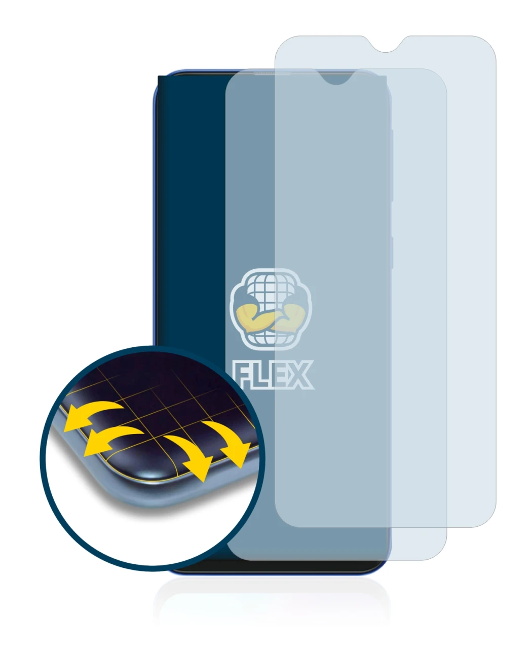 Immagine del dispositivo Samsung Galaxy M20 con un'ampia varietà di protezioni per lo schermo.