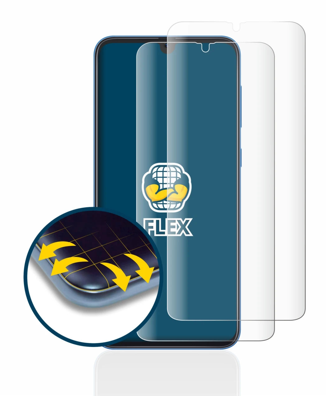 Immagine del dispositivo Samsung Galaxy A50 con un'ampia varietà di protezioni per lo schermo.