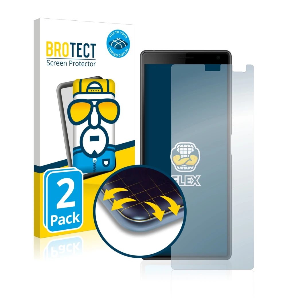 Parte frontale di una confezione del prodotto con il logo del marchio BROTECT. Accanto è raffigurato il dispositivo Sony Xperi